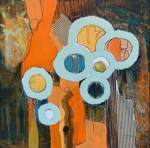 Moving in Circles #1 - 20” x 20” - acrylic and collage on cradled panel - $620