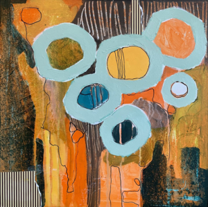 Moving in Circles #2 - 16” x 16” - acrylic and collage on cradled panel - $520